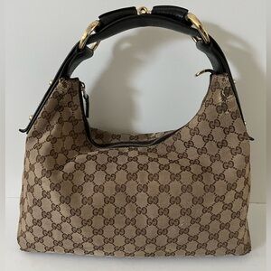 Authentic Vintage Gucci Horsebit Medium Hobo Bag Brown Monogram Pattern 16”x8”
